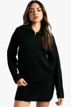 Knitted Co-Ords|Bottoms*boohoo Soft Knit Thick Rib Zip Neck Oversized Jumper And Mini Skirt Set black