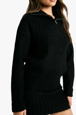 Knitted Co-Ords|Bottoms*boohoo Soft Knit Thick Rib Zip Neck Oversized Jumper And Mini Skirt Set black