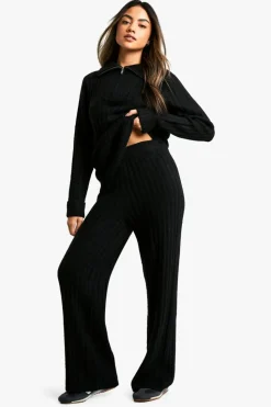 Knitted Co-Ords*boohoo Soft Knit Thick Rib Zip Neck Oversized Jumper And Wide Leg Trouser Set black