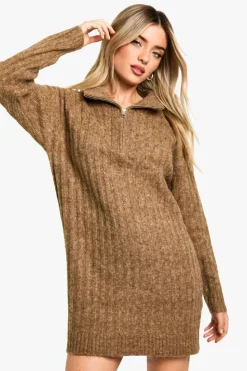 Jumper Dresses|Jumper Dresses*boohoo Soft Knit Thick Rib Zip Neck Oversized Jumper Dress camel