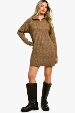 Jumper Dresses|Jumper Dresses*boohoo Soft Knit Thick Rib Zip Neck Oversized Jumper Dress camel