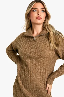 Jumper Dresses|Jumper Dresses*boohoo Soft Knit Thick Rib Zip Neck Oversized Jumper Dress camel