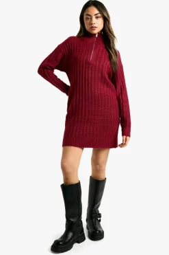Jumper Dresses|Jumper Dresses*boohoo Soft Knit Thick Rib Zip Neck Oversize Mini Dress berry