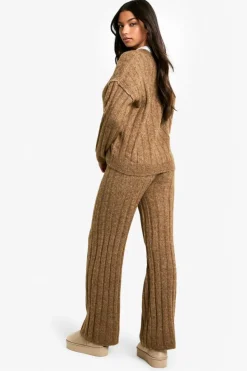 Knitted Co-Ords|Up To 80% Off Winter Warmers*boohoo Soft Knit Thick Ribbed Cardigan And Wide Leg Trouser Set camel