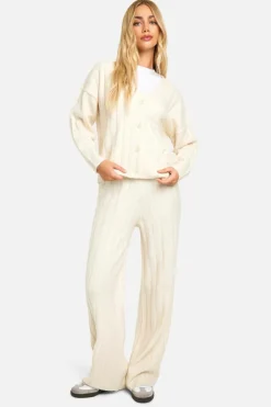 Knitted Co-Ords*boohoo Soft Knit Thick Ribbed Cardigan And Wide Leg Trouser Set ecru