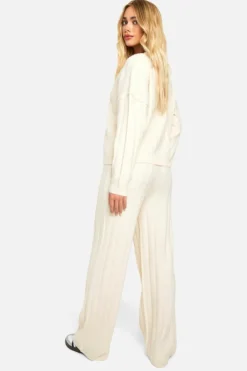 Knitted Co-Ords*boohoo Soft Knit Thick Ribbed Cardigan And Wide Leg Trouser Set ecru