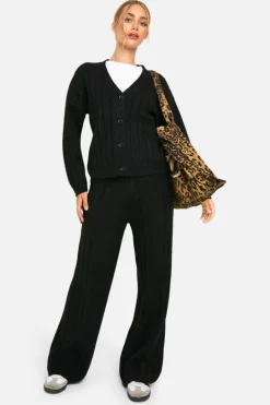 Knitted Co-Ords|Up To 80% Off Winter Warmers*boohoo Soft Knit Thick Ribbed Cardigan And Wide Leg Trouser Set black