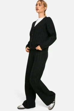 Knitted Co-Ords|Up To 80% Off Winter Warmers*boohoo Soft Knit Thick Ribbed Cardigan And Wide Leg Trouser Set black