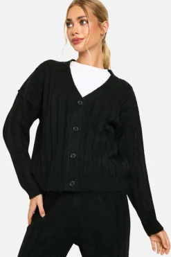 Knitted Co-Ords|Up To 80% Off Winter Warmers*boohoo Soft Knit Thick Ribbed Cardigan And Wide Leg Trouser Set black