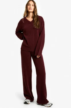 Knitted Co-Ords|Knitwear*boohoo Soft Knit V Neck Jumper and Wide Leg Knitted Co-Ord burgundy