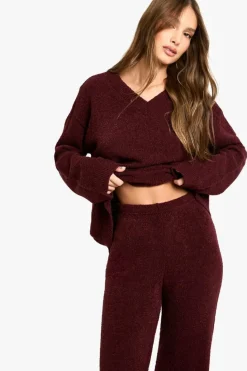 Knitted Co-Ords|Knitwear*boohoo Soft Knit V Neck Jumper and Wide Leg Knitted Co-Ord burgundy