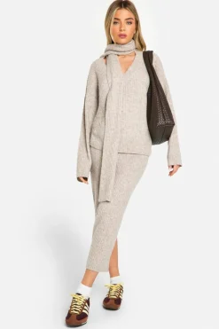 Knitted Co-Ords|Knitwear*boohoo Soft Knit V Neck Oversized Jumper And Scarf And Midaxi Skirt stone