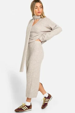 Knitted Co-Ords|Knitwear*boohoo Soft Knit V Neck Oversized Jumper And Scarf And Midaxi Skirt stone