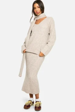 Oversized Jumpers|Jumpers*boohoo Soft Knit V Neck Oversized Jumper And Scarf stone