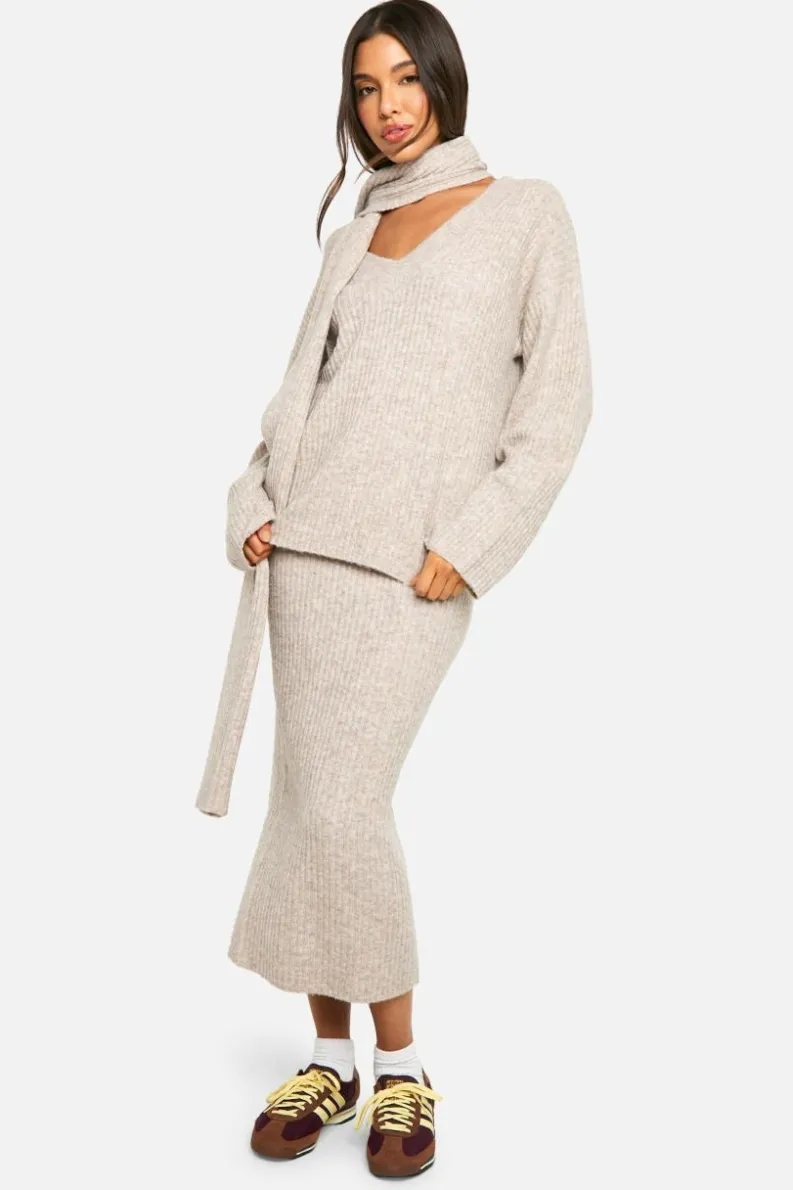 Oversized Jumpers|Jumpers*boohoo Soft Knit V Neck Oversized Jumper And Scarf stone