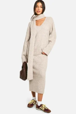Oversized Jumpers|Jumpers*boohoo Soft Knit V Neck Oversized Jumper And Scarf stone