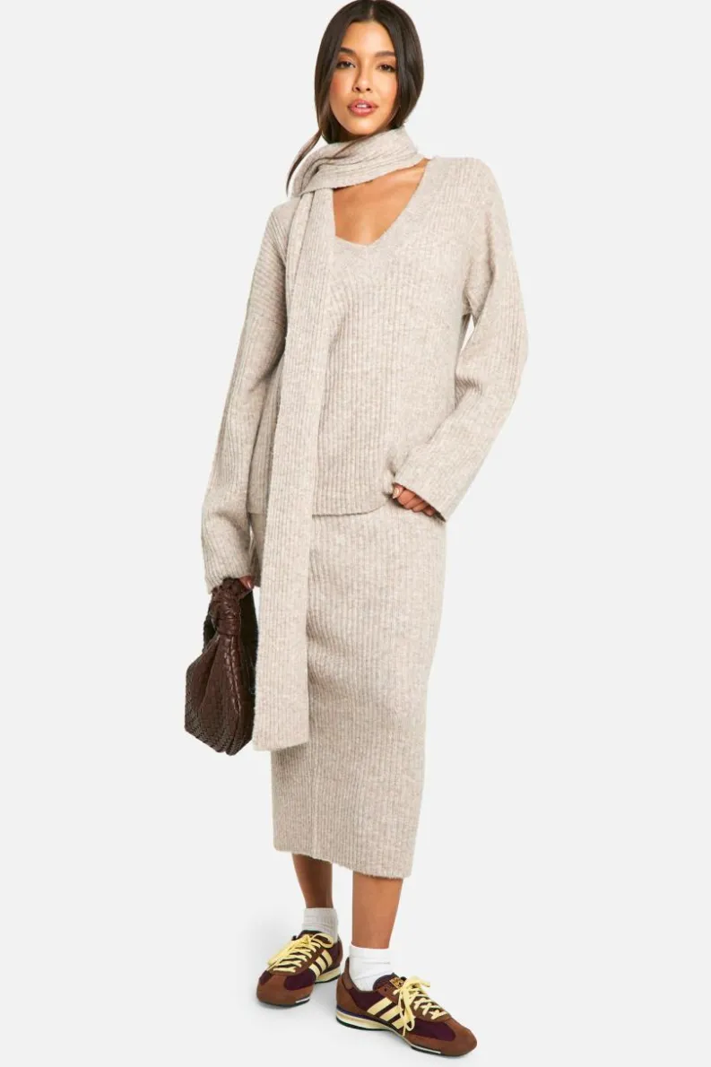 Oversized Jumpers|Jumpers*boohoo Soft Knit V Neck Oversized Jumper And Scarf stone