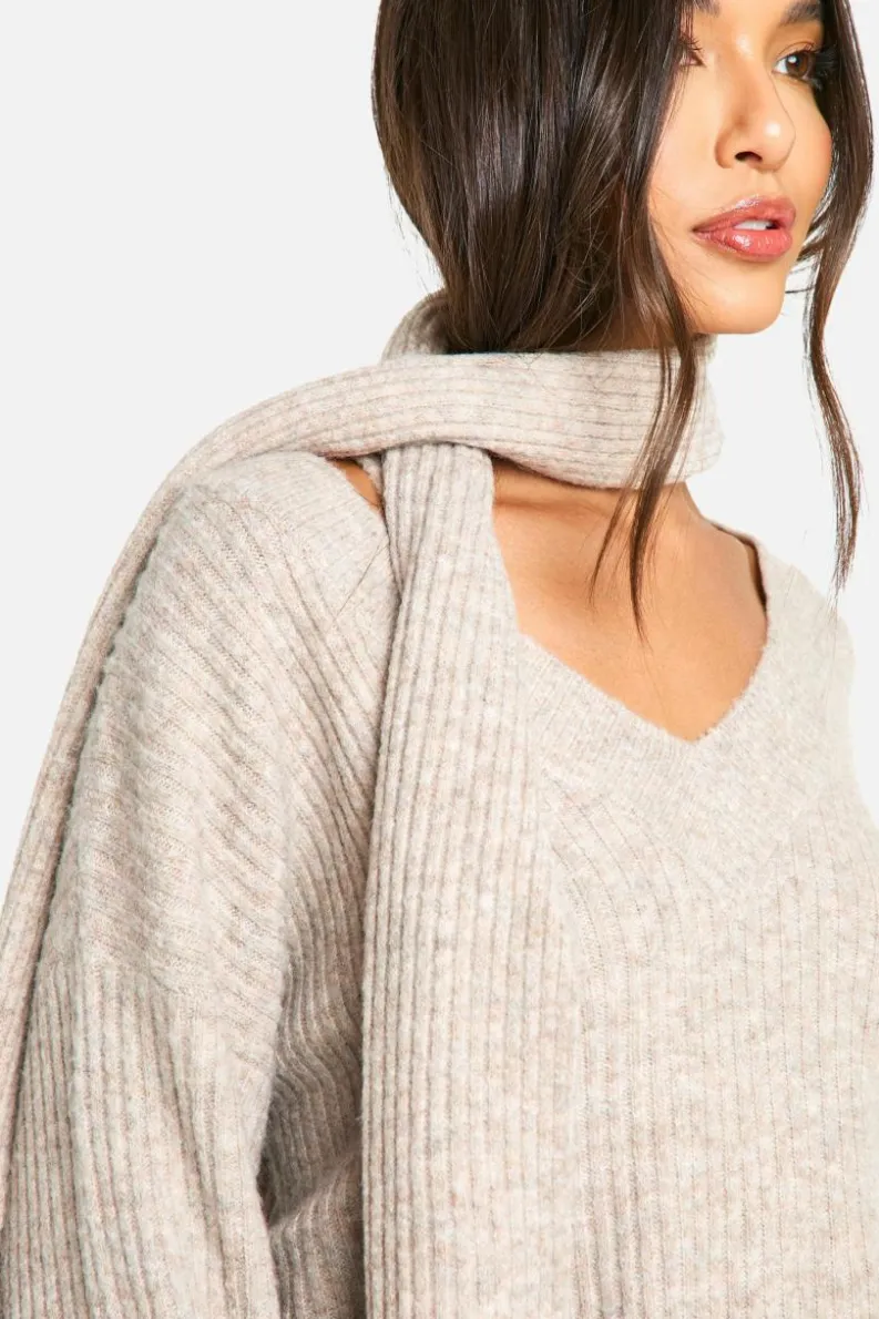 Oversized Jumpers|Jumpers*boohoo Soft Knit V Neck Oversized Jumper And Scarf stone
