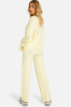 Knitted Co-Ords|Co-Ord Sets*boohoo Soft Knit V Neck Wide Leg Knitted Co-ord butter