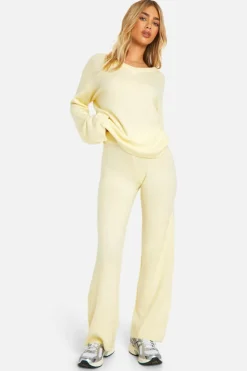 Knitted Co-Ords|Co-Ord Sets*boohoo Soft Knit V Neck Wide Leg Knitted Co-ord butter