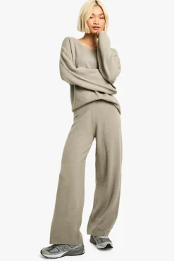 Knitted Co-Ords|Knitwear*boohoo Soft Knit V Neck Wide Leg Knitted Co-ord oatmeal