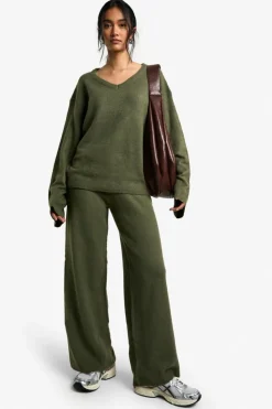 Knitted Co-Ords|Knitwear*boohoo Soft Knit V Neck Wide Leg Knitted Co-ord khaki