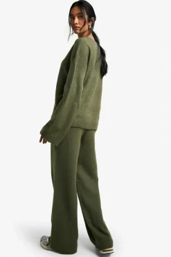 Knitted Co-Ords|Knitwear*boohoo Soft Knit V Neck Wide Leg Knitted Co-ord khaki