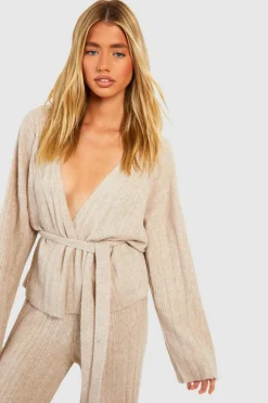 Cardigans|Jumpers & Cardigans*boohoo Soft Mixed Rib Knit Belted Crop Cardigan taupe