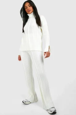 Knitted Co-Ords|Up To 80% Off Winter Warmers*boohoo Soft Mixed Rib Knit Wide Leg Trousers ecru