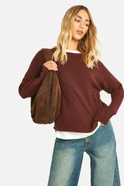 Jumpers|Jumpers & Cardigans*boohoo Soft Rib Knit Crew Neck Jumper chocolate