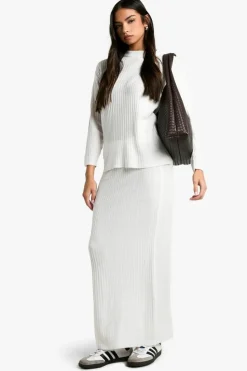 Knitted Co-Ords|Bottoms*boohoo Soft Rib Knit Crew Neck Jumper And Maxi Skirt Co-ord ecru