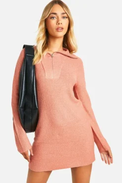 Jumper Dresses|Jumper Dresses*boohoo Soft Rib Knit Half Zip Collar Jumper Dress coral