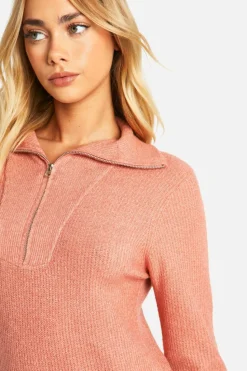 Jumper Dresses|Jumper Dresses*boohoo Soft Rib Knit Half Zip Collar Jumper Dress coral