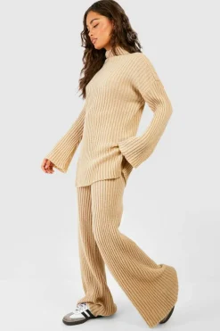 Knitted Co-Ords|Up To 80% Off Winter Warmers*boohoo Soft Rib Knit Jumper And Wide Leg Trouser Co-ord camel