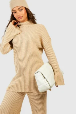 Knitted Co-Ords|Up To 80% Off Winter Warmers*boohoo Soft Rib Knit Jumper And Wide Leg Trouser Co-ord camel