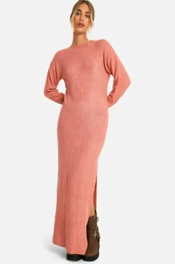 Jumper Dresses|Jumper Dresses*boohoo Soft Rib Knit Side Split Midaxi Dress coral