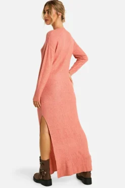 Jumper Dresses|Jumper Dresses*boohoo Soft Rib Knit Side Split Midaxi Dress coral