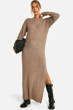 Jumper Dresses|Jumper Dresses*boohoo Soft Rib Knit Side Split Midaxi Dress taupe