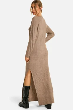 Jumper Dresses|Jumper Dresses*boohoo Soft Rib Knit Side Split Midaxi Dress taupe