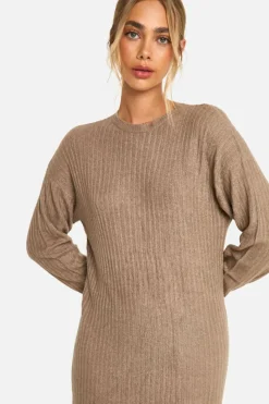 Jumper Dresses|Jumper Dresses*boohoo Soft Rib Knit Side Split Midaxi Dress taupe
