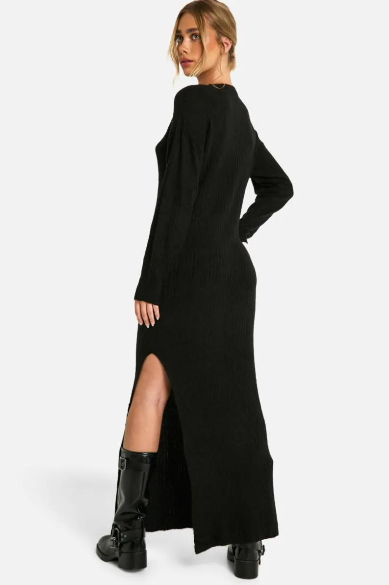 Jumper Dresses|Jumper Dresses*boohoo Soft Rib Knit Side Split Midaxi Dress black