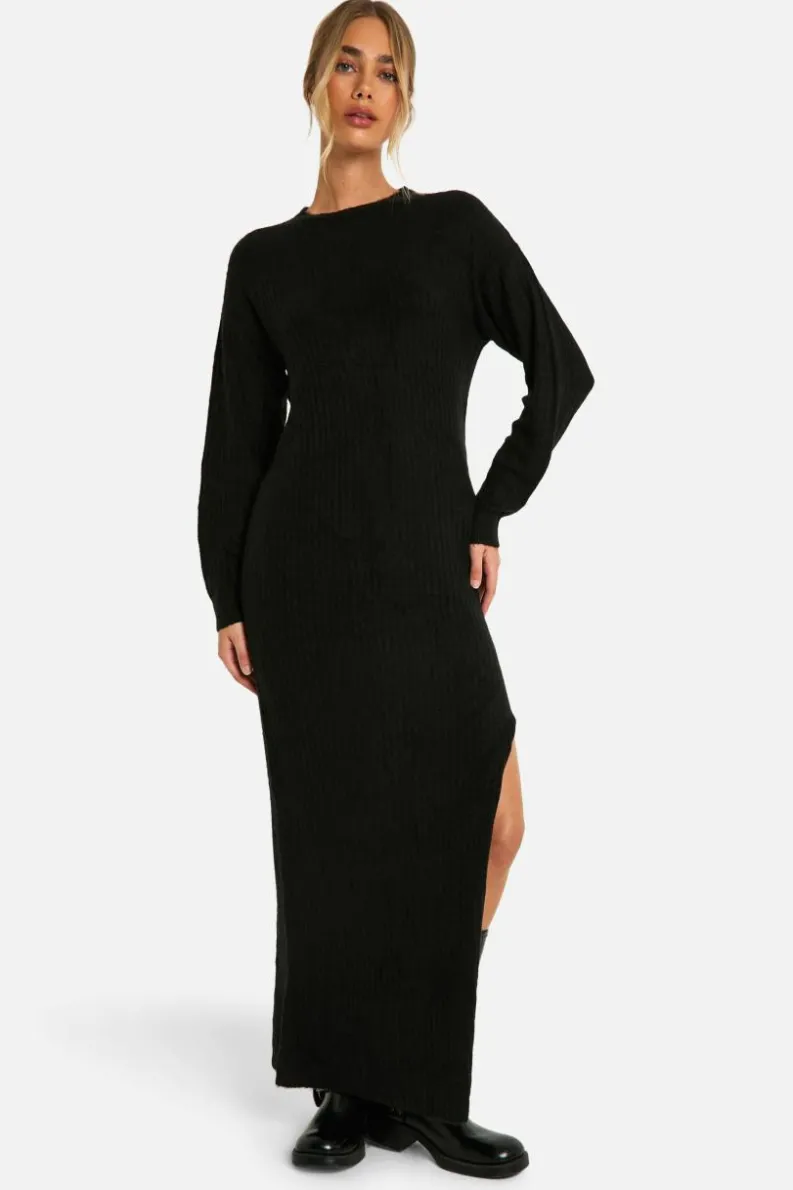 Jumper Dresses|Jumper Dresses*boohoo Soft Rib Knit Side Split Midaxi Dress black