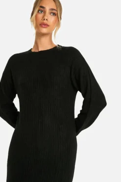 Jumper Dresses|Jumper Dresses*boohoo Soft Rib Knit Side Split Midaxi Dress black