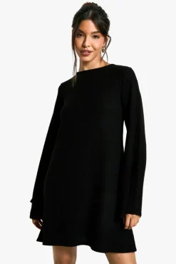 Mini Dresses|Long Sleeve Dresses*boohoo Soft Rib Tie back Smock Dress black