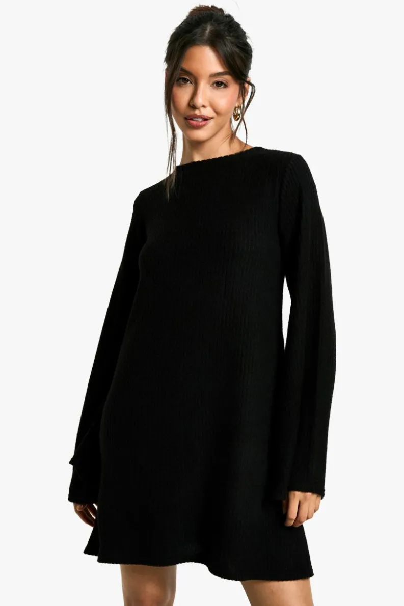 Mini Dresses|Long Sleeve Dresses*boohoo Soft Rib Tie back Smock Dress black