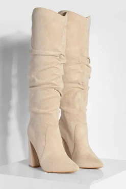 Over The Knee Boots|Knee High Boots*boohoo Soft Ruched Knee High Pointed Boots sand
