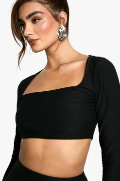 Long Sleeve Tops*boohoo Soft Touch Square Neck Long Sleeve Top black