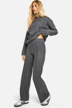 Knitted Co-Ords|Knitwear*boohoo Soft Wide Rib Exposed Seam Jumper And Wide Leg Co-ord charcoal