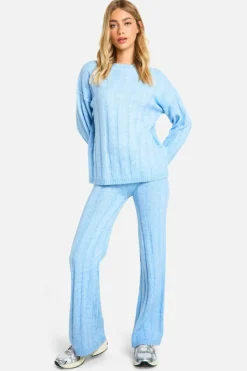 Knitted Co-Ords*boohoo Soft Wide Rib Exposed Seam Jumper And Wide Leg Co-ord baby blue