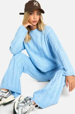 Knitted Co-Ords*boohoo Soft Wide Rib Exposed Seam Jumper And Wide Leg Co-ord baby blue
